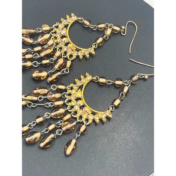 Gold-tone Chandelier Earrings featuring Faceted Amber Brown Glass Beads - Picture 3 of 6
